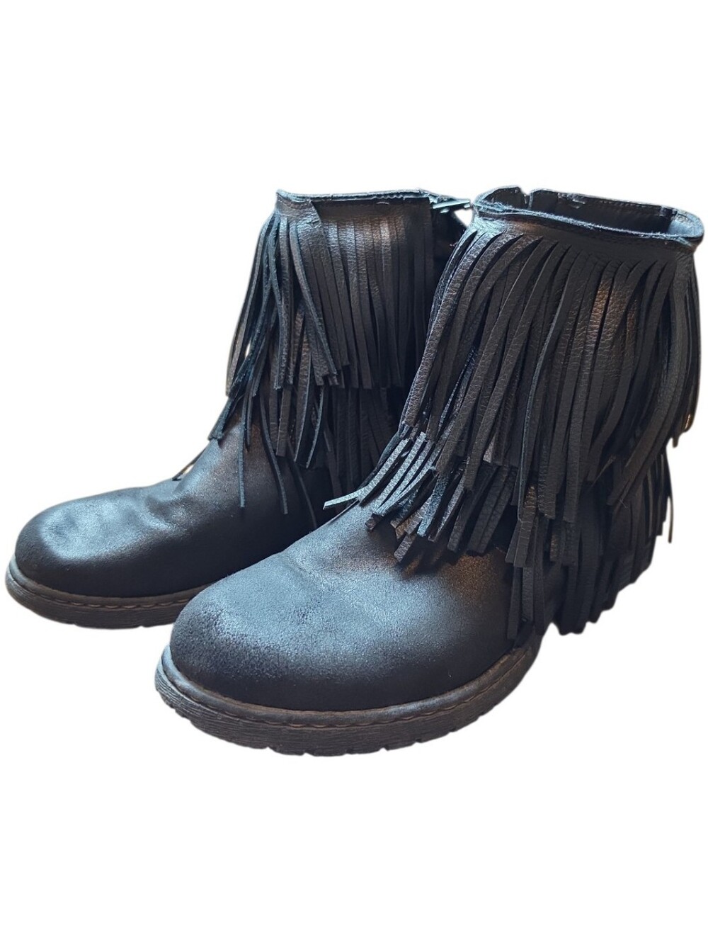 B.O.C. | Born Black Fringe Leather Round Toe Ankle Boots Western Boho Moto | 11M